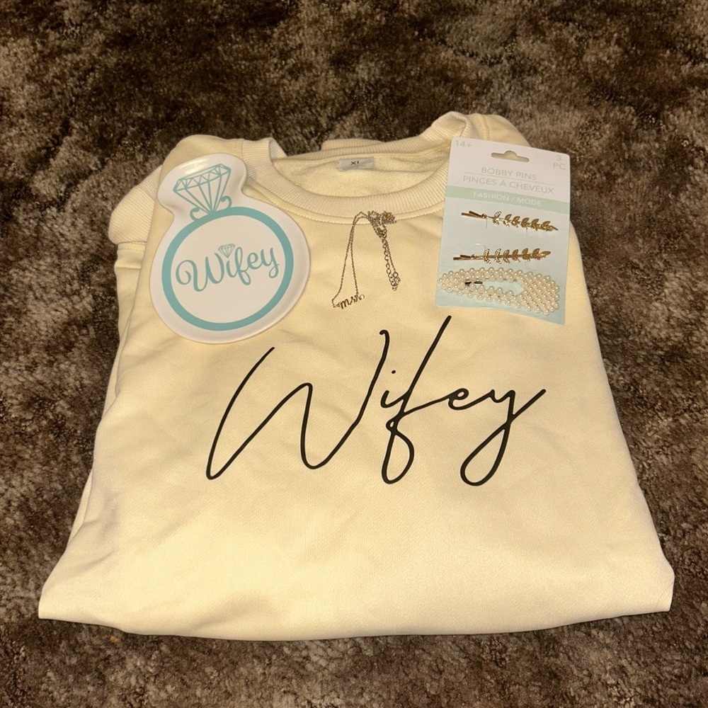 Bride to Be Wifey Gift Bundle (Sweatshirt Ring Dish, Mrs. Necklace & Bobby Pins)